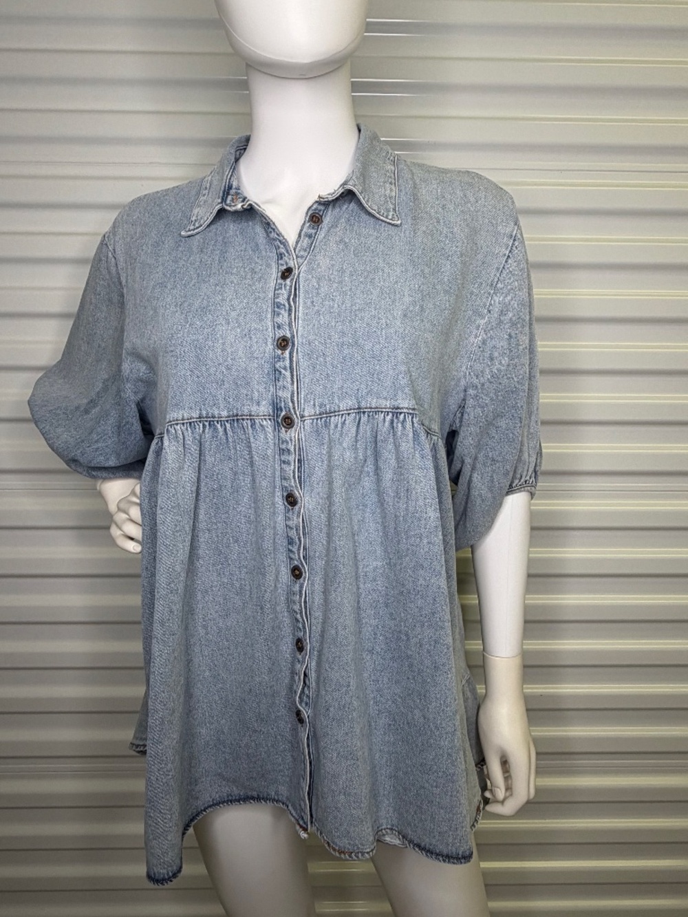 UMGEE Denim Babydoll Tunic Shirt Dress Light Wash Puff Sleeve Button Up Boho S